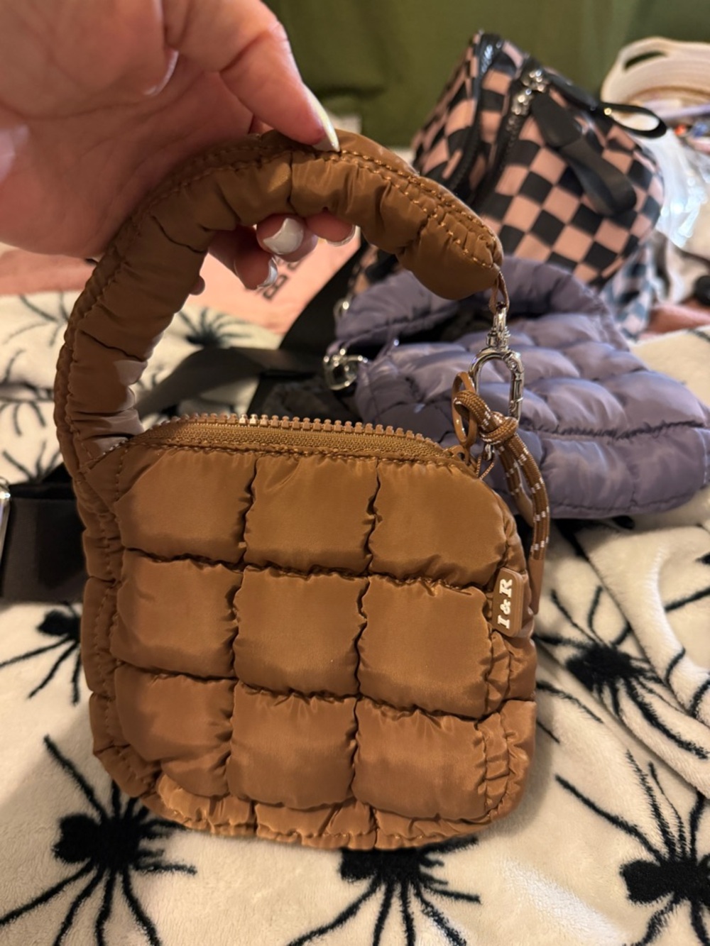 Padded Quilted Mini Top-Handle Bag in Brown